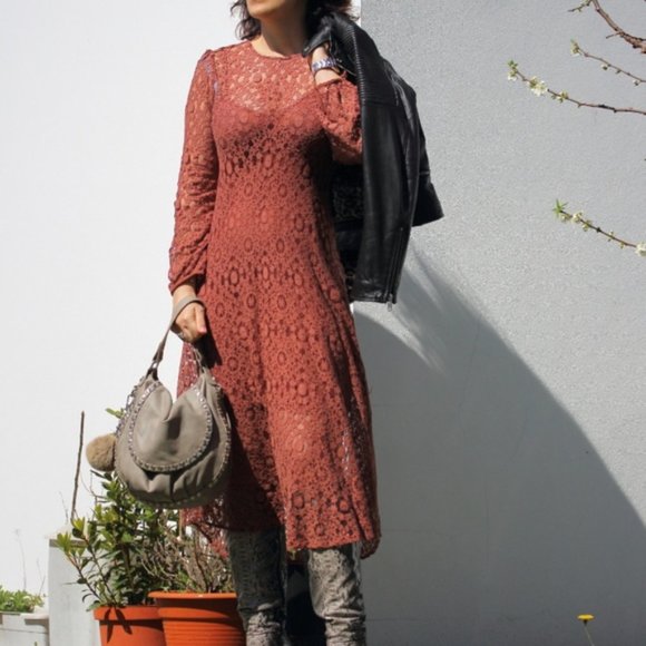 NWT $70 ZARA Women XS Terracotta Lace Overlay Cami Midi Dress Bohemian Elegant - Picture 4 of 13